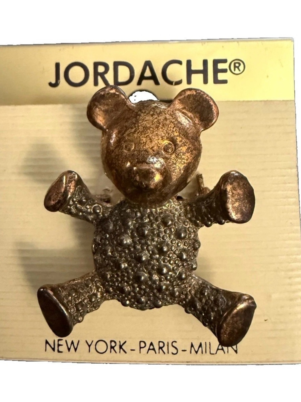 Vintage NOS Jordache Teddy Bear Brooch Pin, 1980s textured Gold-Tone new on card